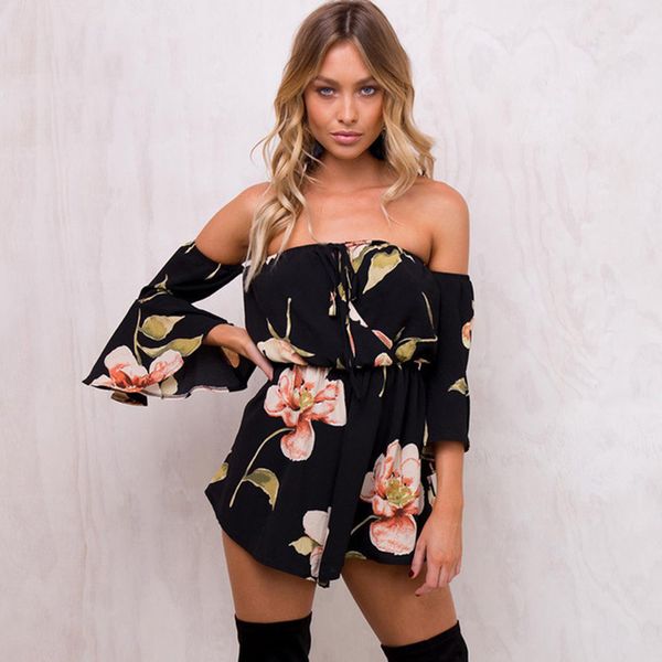 Verão Floral Impressão Elástica Cintura Curto Chiffon Jumpsuit Mulheres Flare Manga Bota Corte Sexy Strapless Romper 210419