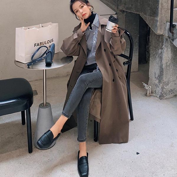 

women's trench coats johnature 2021 autumn korean long turn-down collar women casual solid color loose sashes double breasted, Tan;black