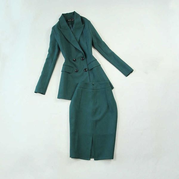 

ladies office skirt suit slim double-breasted blazer casual bag hip two piece set interview suits 210527, White