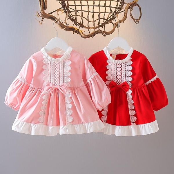 

girl's dresses autumn lolita style baby girls long sleeve o neck lace bow ruffles princess party children kids pleated tutu dress vesti, Red;yellow