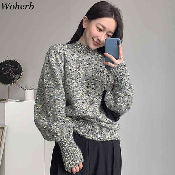 

elegant jumper sweater korean chic pullovers autumn winter women lantern sleeve knitted sweaters casual pull femme 210417, White;black