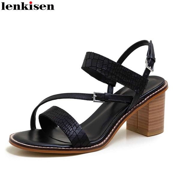 

dress shoes lenkisen western style full grain leather metal fasteners large size peep toe buckle straps high square heel fashion sandals l08, Black