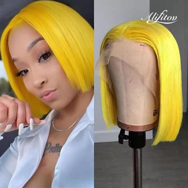 

lemon yellow lace front wigs short bob human hair brazilian remy with baby, Black;brown