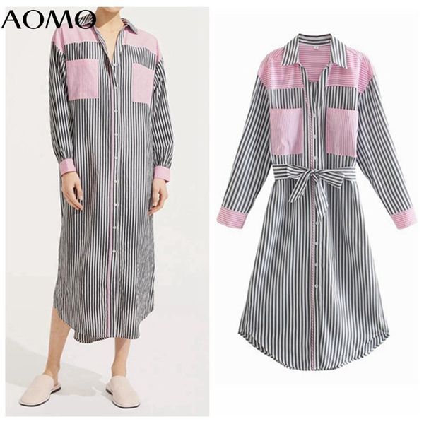 

casual dresses aomo 2021 autumn fashion women patchwork striped print shirt dress long sleeve office ladies midi with slash qj53a, Black;gray