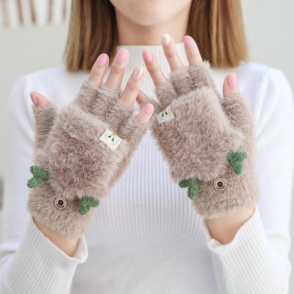 

five fingers gloves winter women soft fur knit warm mittens flip half finger plush thick cute cartoon office touch screen driving, Blue;gray