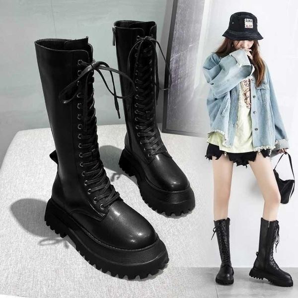 

dress shoes thick bottom heightening boots women's 2021 high lace winter plush knee length muffin, Black