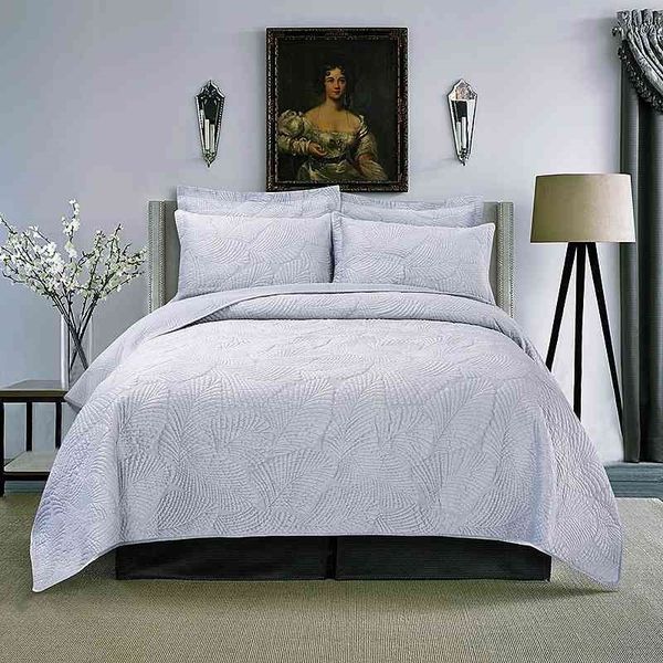 

fleece stitch leaves chic quilt coverlet bedspread blanket+two pillow shams  size gray beige ultra soft warm bed cover set