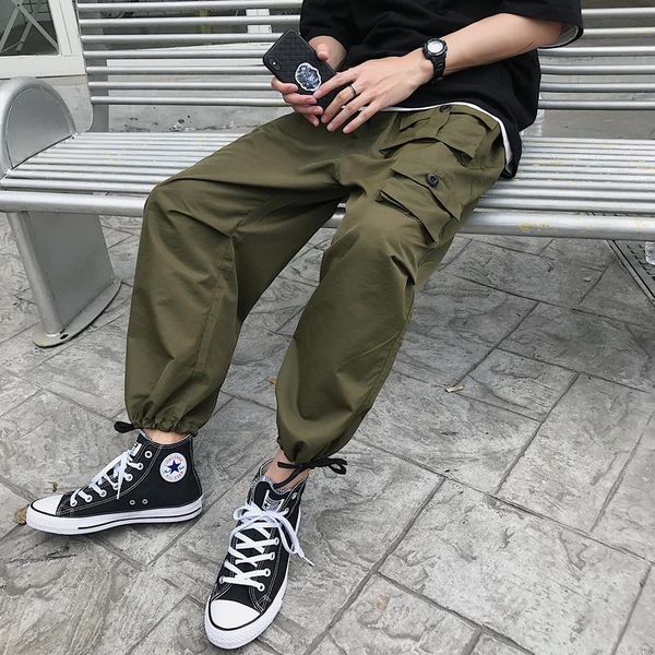 

men's pants spring men fashion solid color casual tooling wind man streetwear trend wild hip hop loose joggers sweatpants, Black