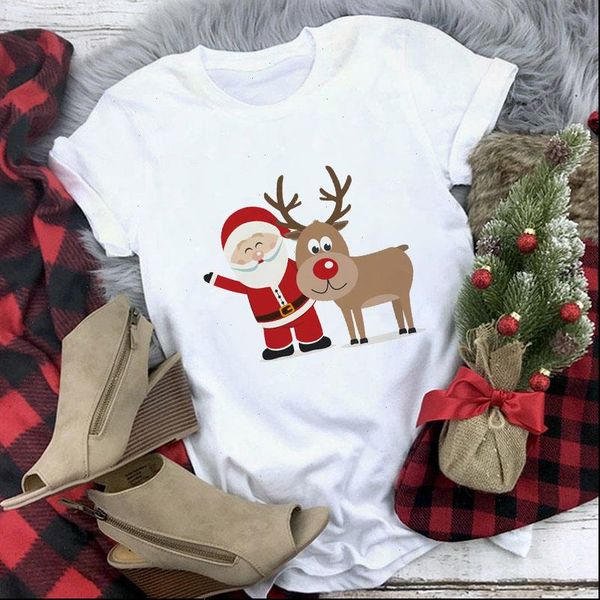 

santa claus and reindeer women print white year large size christmas basic tees harajuku loose graphic casual tee