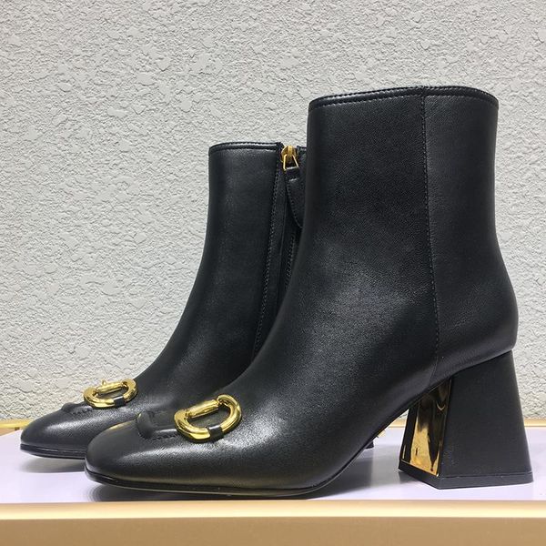 

fashion luxury heels women boot square toes genuine leather button high heeled coarse heel .5cm shoes lady shoe large size us11 35-42 women, Black