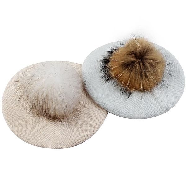 

beanies charm wood beret hat for women solid color slouchy winter french style bonnet caps girls lady female with real fur pompom