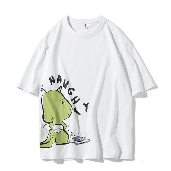 

2021 cartoon little dinosaur summer short sleeve t-shirt round neck loose cotton leisure trend men's thin, White;black