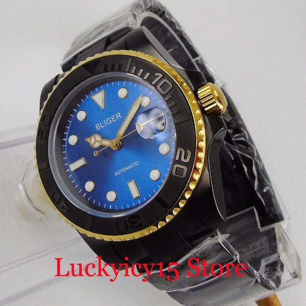 

bliger blue pvd plated 40mm mechanical male clock sapphire crystal miyota movement gloved crown, Slivery;brown