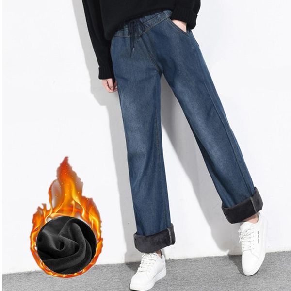 

jeans female winter 2021 thick fleece pants women long flares denim trousers ladies fashion warm vintage wid leg women's, Blue
