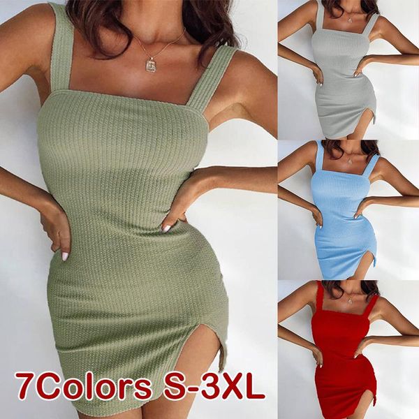 

casual dresses women dress spring summer party beach mini sleeveless slim square collar solid color split vest female short skirt 2021, Black;gray