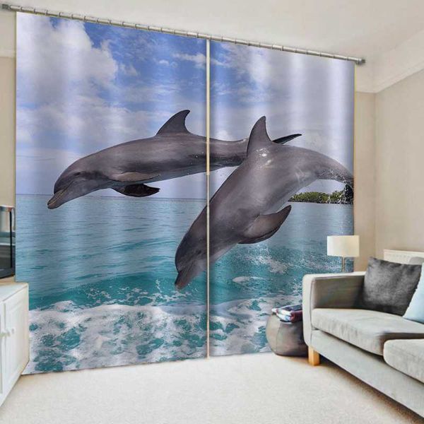 

customized size luxury blackout 3d window curtains for living room blue ocean dolphin personality curtain & drapes