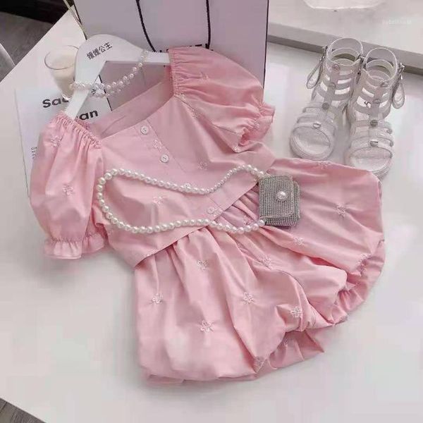 

clothing sets girls clothes 2pcs 18m-6y kids baby summer puff sleeve solid single-breasted shirts shorts pants drop-1, White