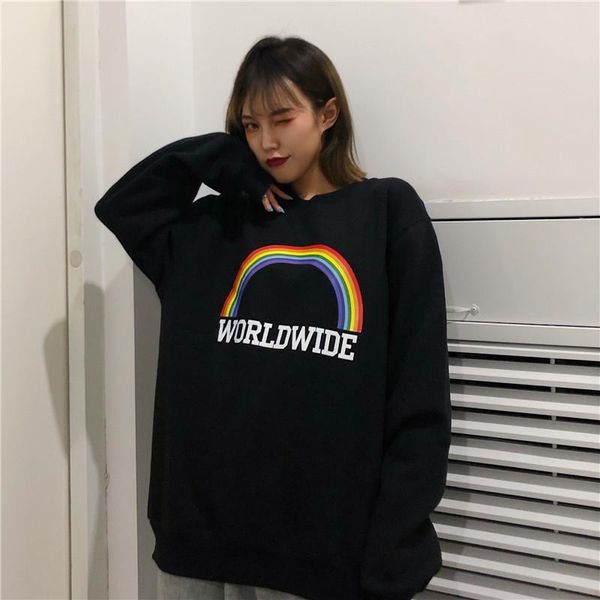 

women's hoodies & sweatshirts sweatshirt korean edition loose large size rainbow harajuku lazy wind weird thin jacket early hoodie punk, Black