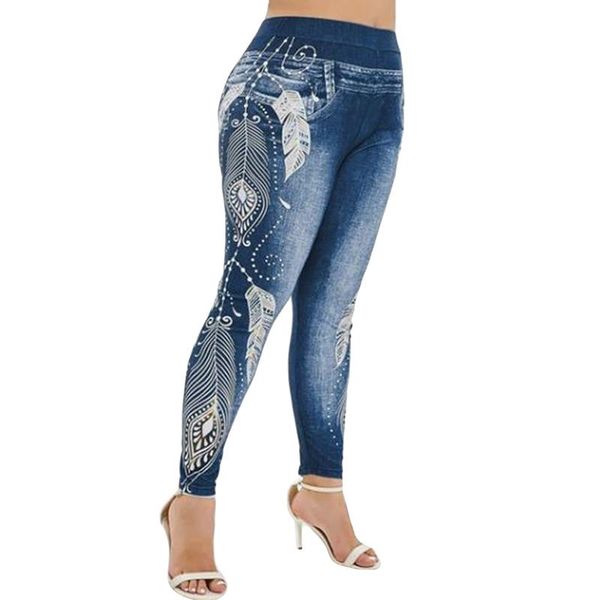 

women's leggings womens imitation jeans floral printing elastic waist pencil pants jeggings plus size legging ladies sweatpants, Black