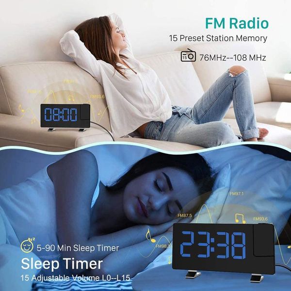 

senli 15 fm radio digital clock projection alarm sleep timer, 6 dimmer usb phone charging 180Â° adjustable desk & table clocks