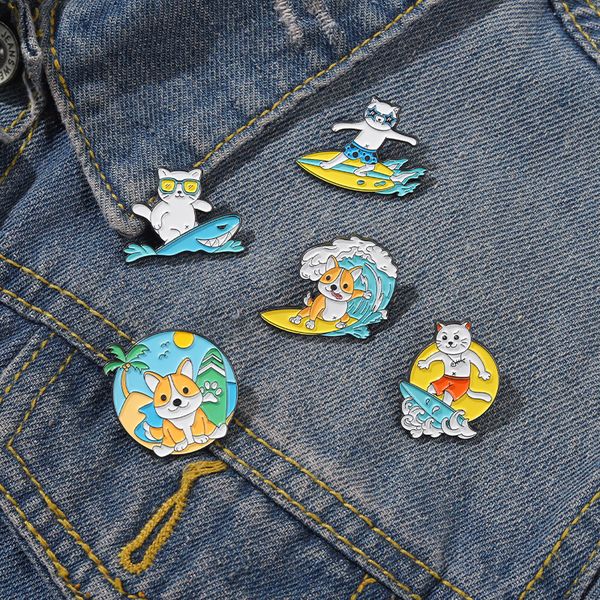 

cute surfing cat dog enamel pins brooch cartoon sea beach fish funny animal metal badge lapel clothes sweater jewelry accessories women kids, Gray