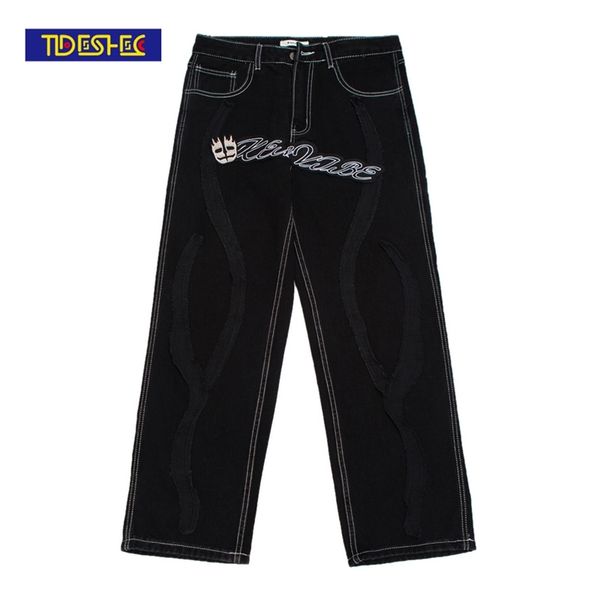

2021 casual pants men's retro skull letter embroidery pants gothic jeans fashion loose straight wide leg pants men's jeans 220217, Blue