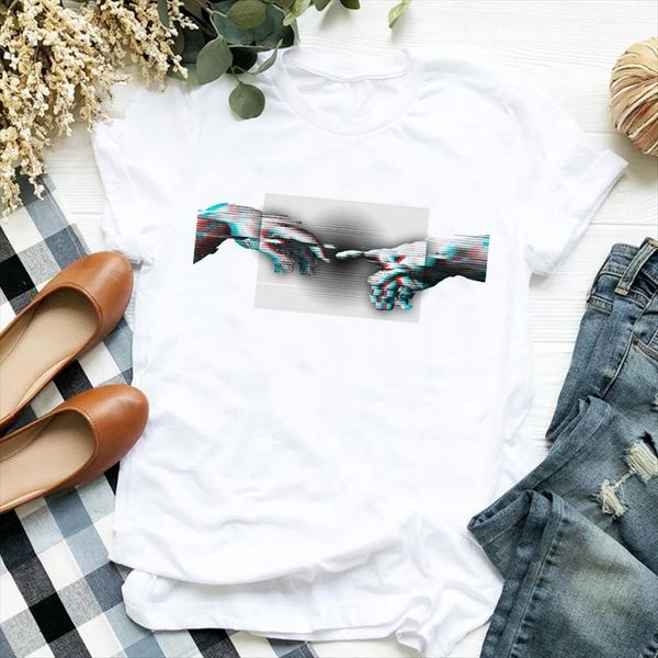 

hand summer autumn aesthetic cute women t shirt kawaii print tee clothes female graphic, White