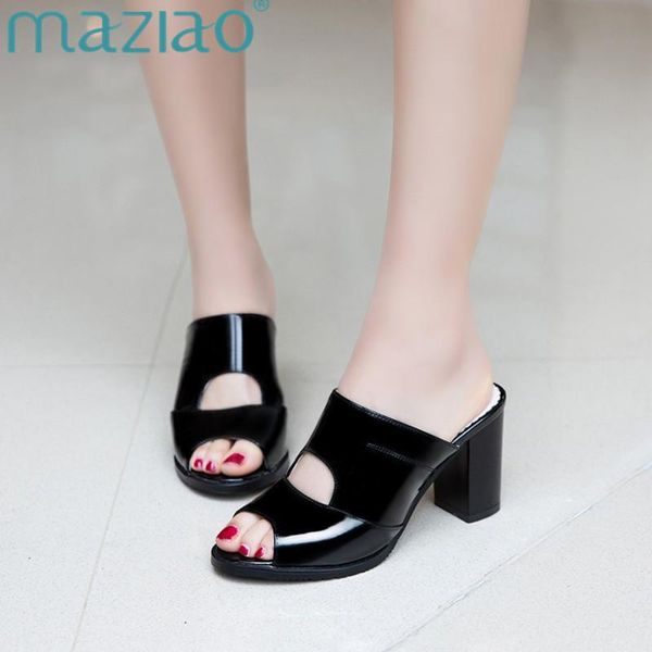 

plus size summer women slipper sandals thick high heels pu leather peep toe elegant female flip flops ladies mules shoes slippers, Black