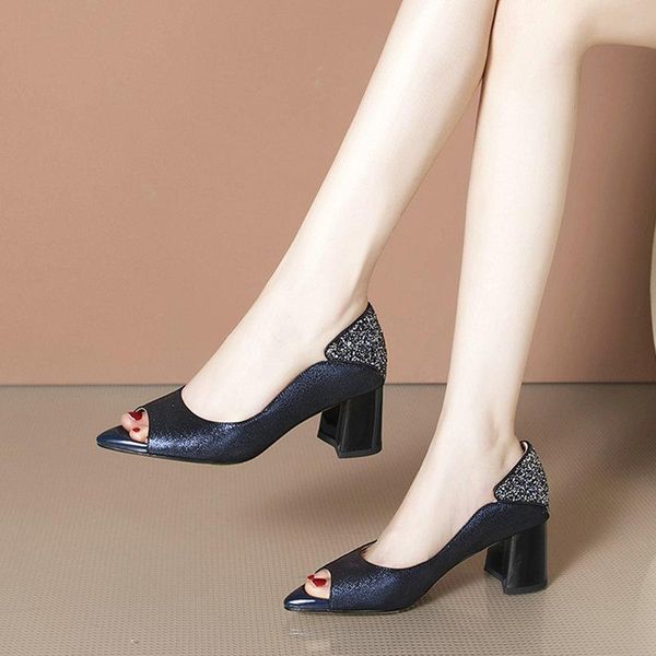 

dress shoes genuine leather women square high heel peep toe spring summer party ladies office career concise female, Black