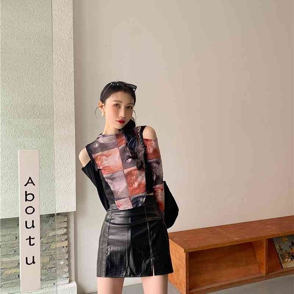 

women's t-shirt off the shoulder mesh long sleeve see through crop patchwork cold s trend fashion women hvdh, White