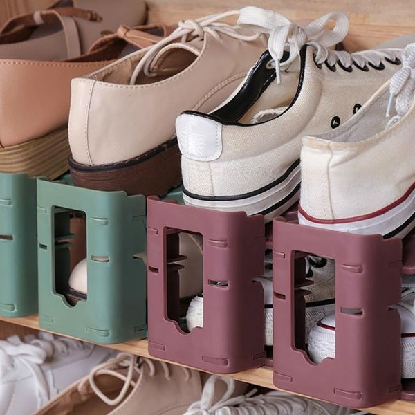 

durable creative plain adjustable double shoe rack storage shoes holders dust organizer simple bracket clothing & wardrobe