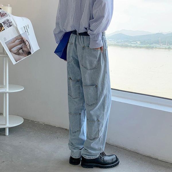 

men's jeans 2021 men's blue color baggy multi-pockets design casual pants loose fashion trend straight male trousers -2xl