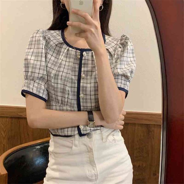 

new summer elegant blouses women korean style chic pearl button puff sleeve vintage plaid shirt female, White