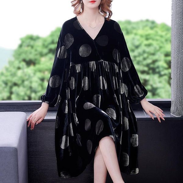 

casual dresses zuoman women black velvet dot loose midi dress elegant bodycon party runway vestidos sping autumn vintage, Black;gray
