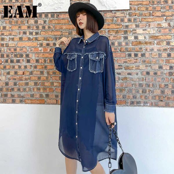 

casual dresses [eam] women blue perspective thin denim big size shirt dress lapel long sleeve loose fit fashion spring summer 2021 1dd9785, Black;gray