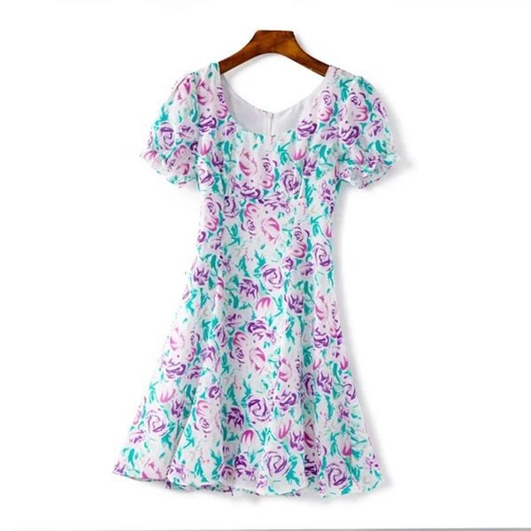 

dress summer women's mini dress short puff sleeve printed floral square collar female casual clothes lady dresses, Black;gray