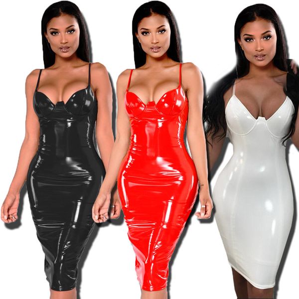 

women faux leather midi dress spaghetti strap zippers sheath pu clothing, Black;gray