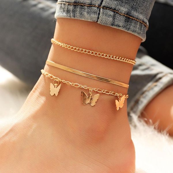 

anklets bohemian gold butterfly chain set for women girls fashion multi-layer anklet foot ankle bracelet beach jewelry, Red;blue