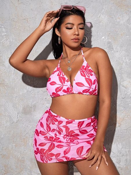 

3pack plus tropical print bikini swimsuit with cover up y8kh#, Black