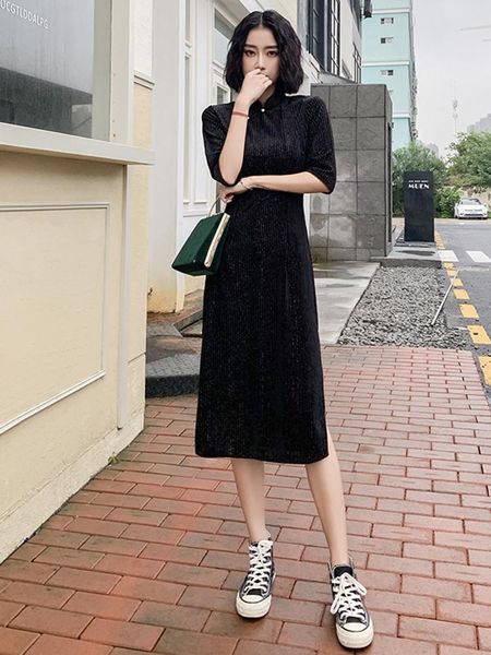 

ethnic clothing oriental dress black strip velvet cheongsams dresses middle sleeve festival outfit cheongsam chinese woman costume, Red