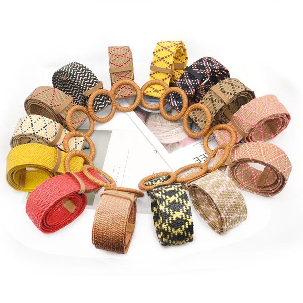 

belts weave vintage round wood buckle belt women handmade fashion without needle versatile retro, Black;brown