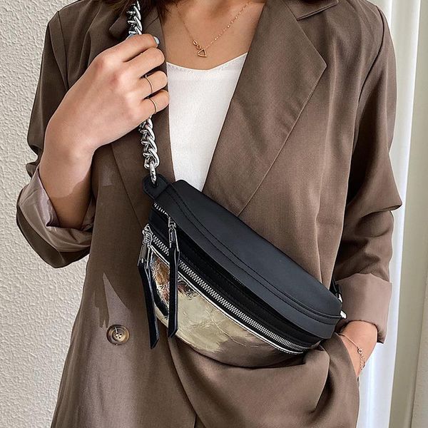 

splice nylon female chest bag chain crossbody bags for women shoulder bags small pu leather ladies waist pack