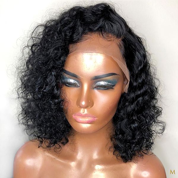 

9a curly wigs for black women pre plucked 13x4 short bob lace front malaysian virgin wig with baby hair bleached knots, Black;brown