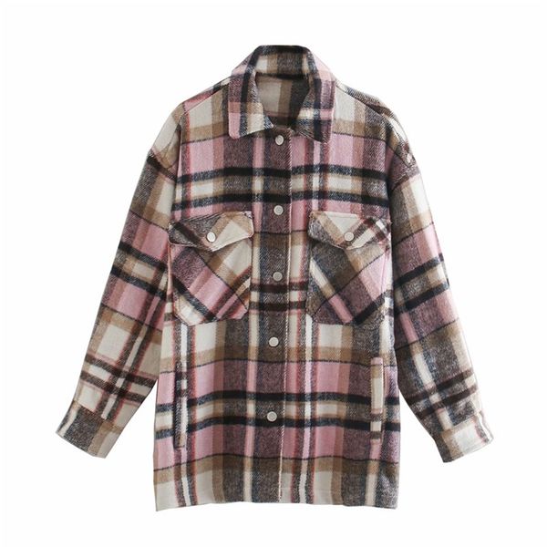 

women autumn plaid shirts jackets coats loose long sleeve single breasted female casual woolen jacket plus size outerwear 210513, Black;brown