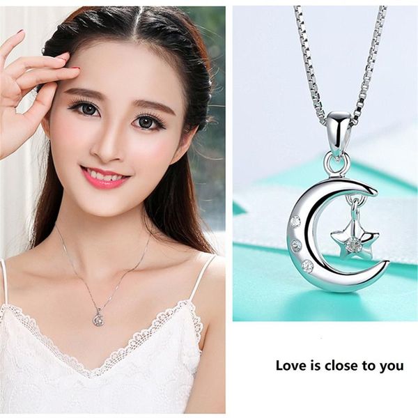 

chains 2021 fashion smooth star moon rhinestone pendant necklace woman jewelry anniversary birthday girlfriend gift kpop vintage love, Silver