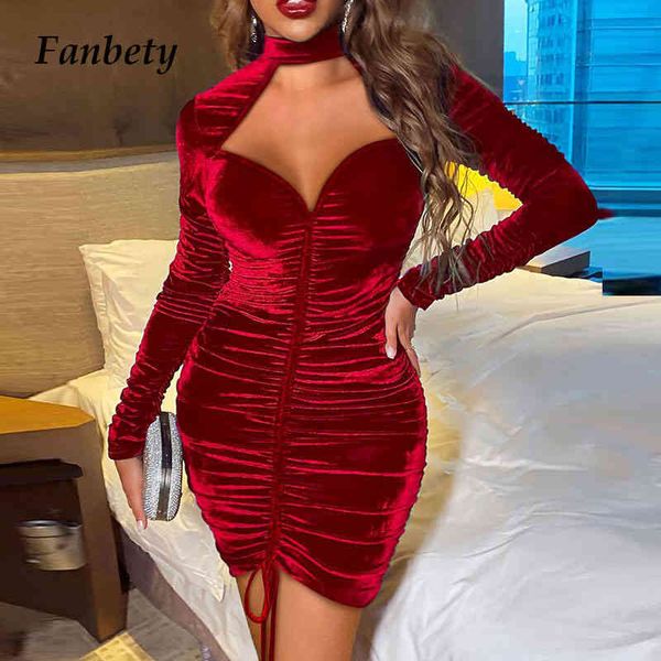 Elegante veludo sólido manga comprida vestido de festa mulheres sexy magro fit v pescoço outono midi vestido moda sólido manga comprida vestido mujer x0521