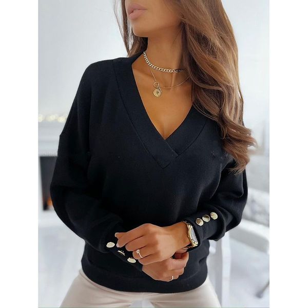 

women's t-shirt women deep v neck white bloues 2021 spring solid color pullover long sleeved clothing blusas button bottoming shirt