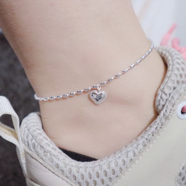 

anklets s925 sterling silver popular versatile love anklet women's simple fresh smooth peach heart pendant plain, Red;blue