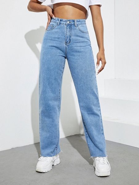 

high waist frayed hem straight leg jeans 06dg#, Blue