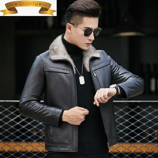 

men leather jacket genuine winter sheepskin mens real collar warm duck down coats ct1107 yy411 men's & faux, Black